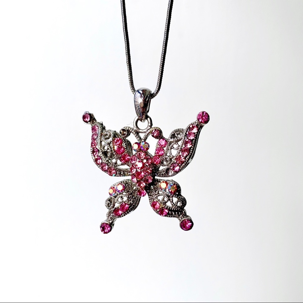 Pink Gem Butterfly Necklace Whimsigoth Fairy Y2K Coquette Vintage Prom Nature